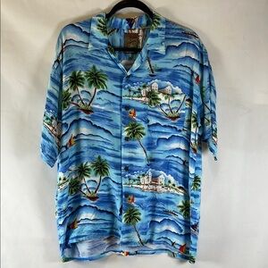 Pineapple Connection Vintage Hawaiian Shirt Blue Tropical Island & Palm Tree